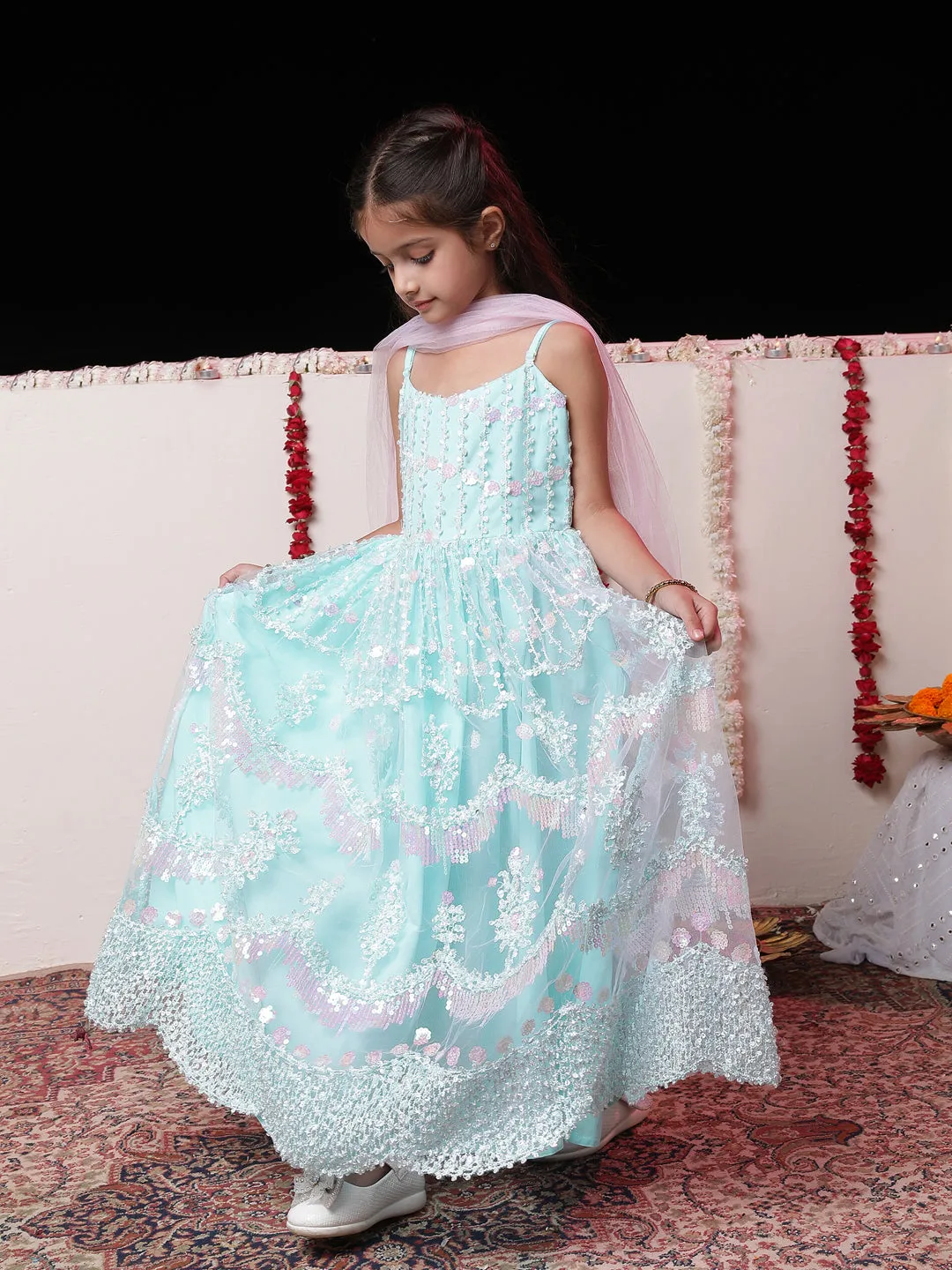 Jashvi Girls' Embroidered Sequins Net Long Anarkali Dress With Dupatta