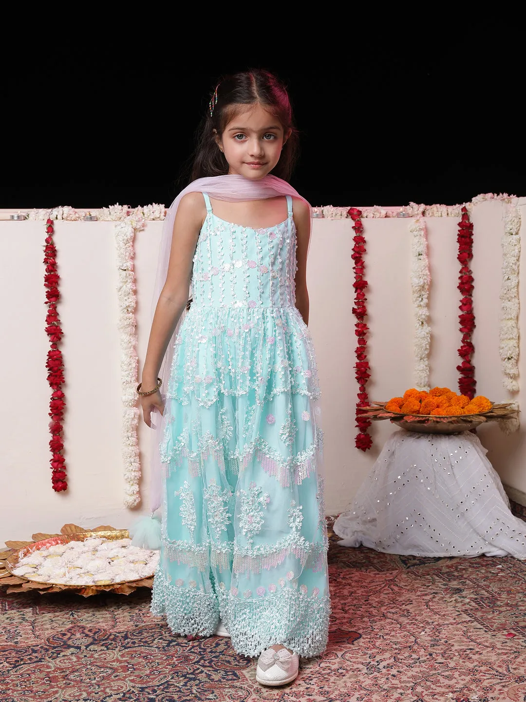 Jashvi Girls' Embroidered Sequins Net Long Anarkali Dress With Dupatta