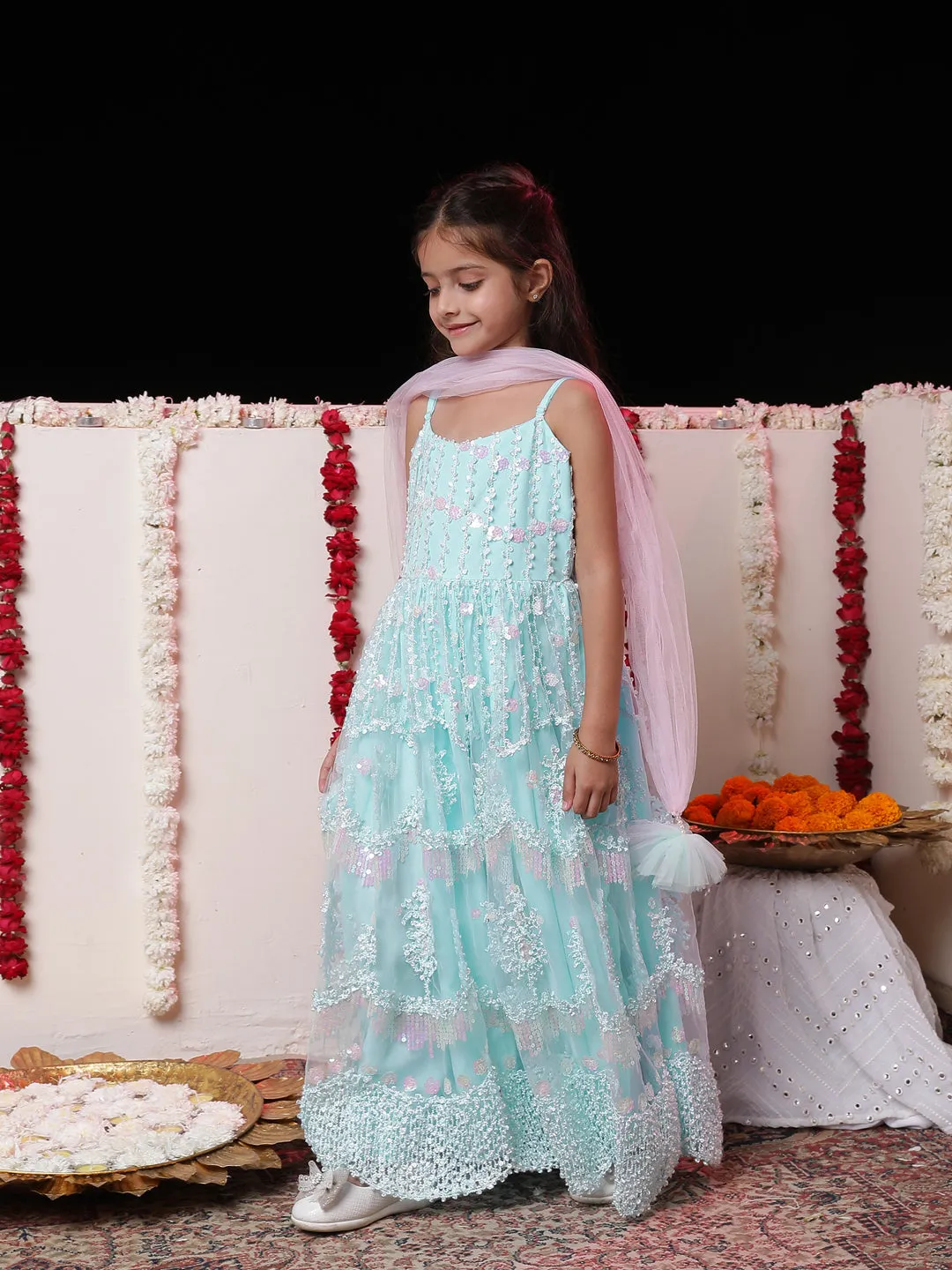 Jashvi Girls' Embroidered Sequins Net Long Anarkali Dress With Dupatta