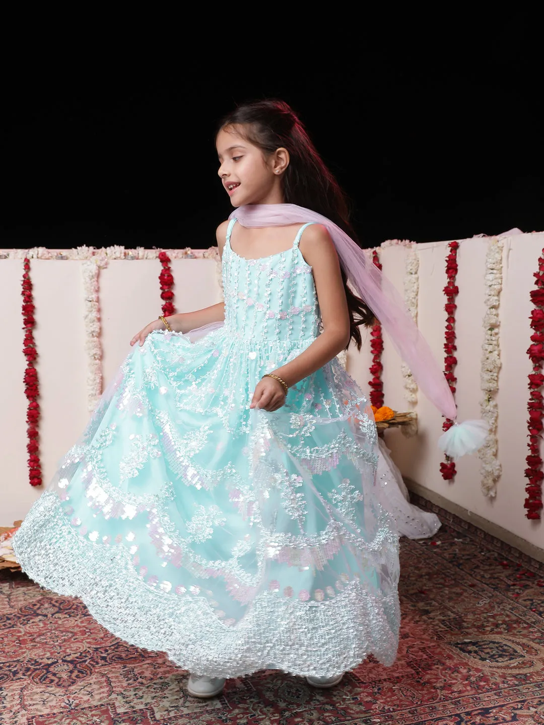 Jashvi Girls' Embroidered Sequins Net Long Anarkali Dress With Dupatta