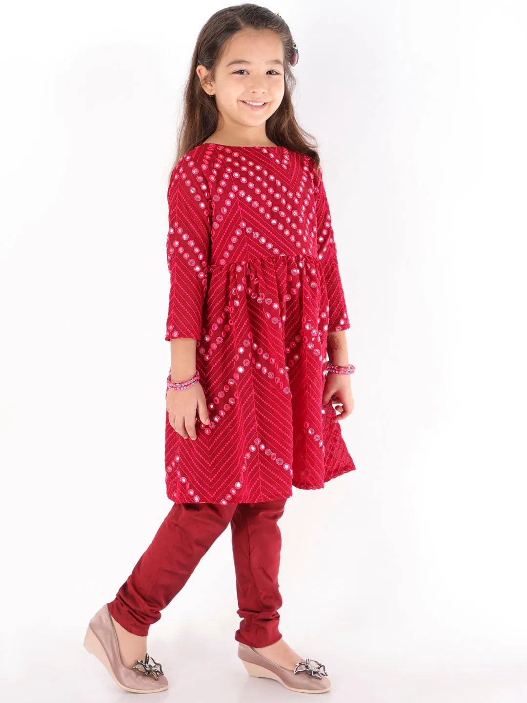 Jashvi Girl's Maroon Mirror Kurta Pyjama Set