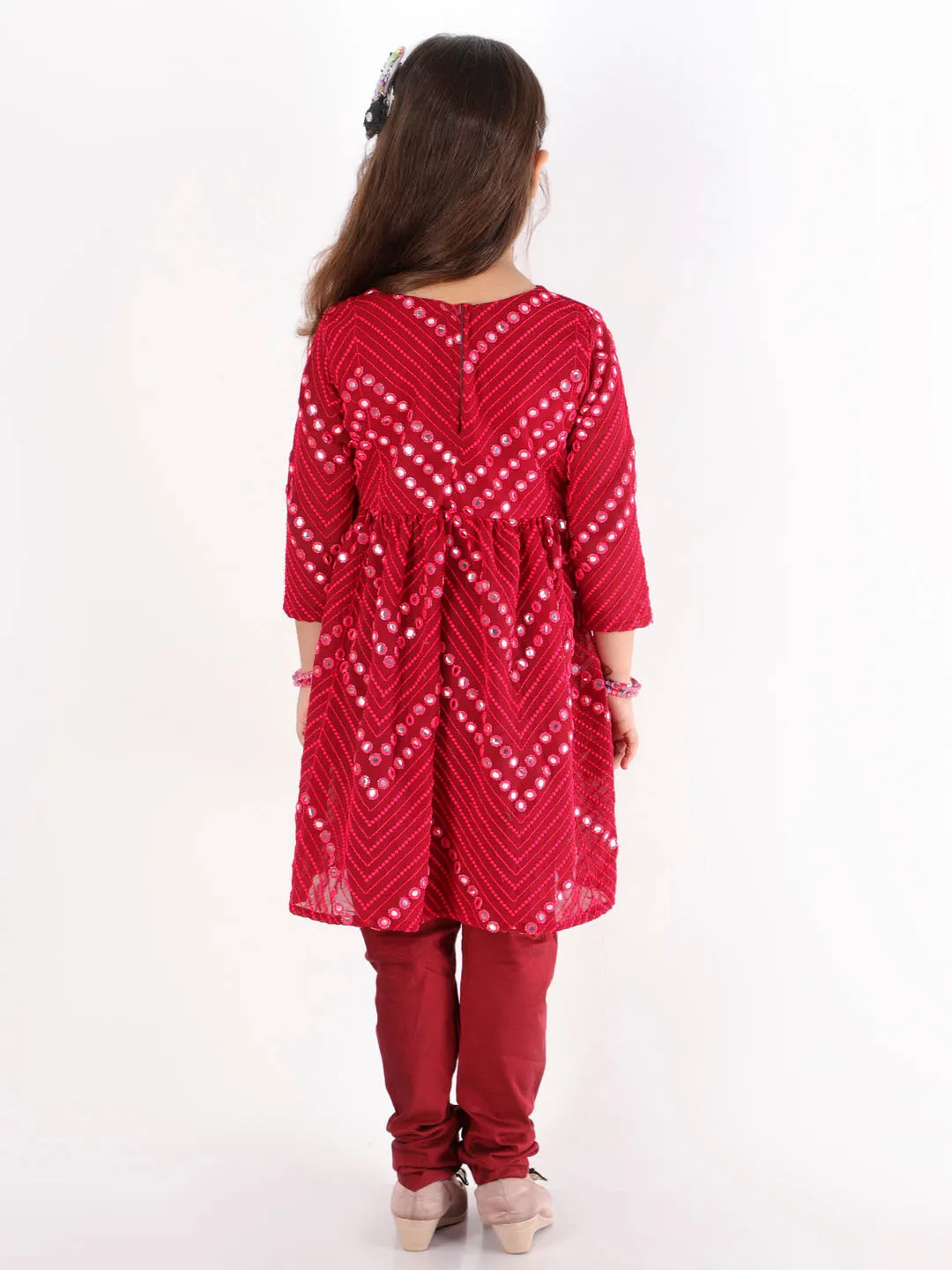 Jashvi Girl's Maroon Mirror Kurta Pyjama Set