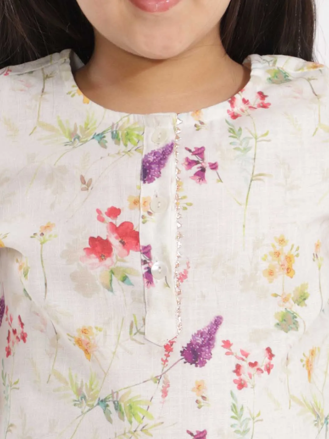 Jashvi Girls' Multicolor-Base Cream Kurta Pant set