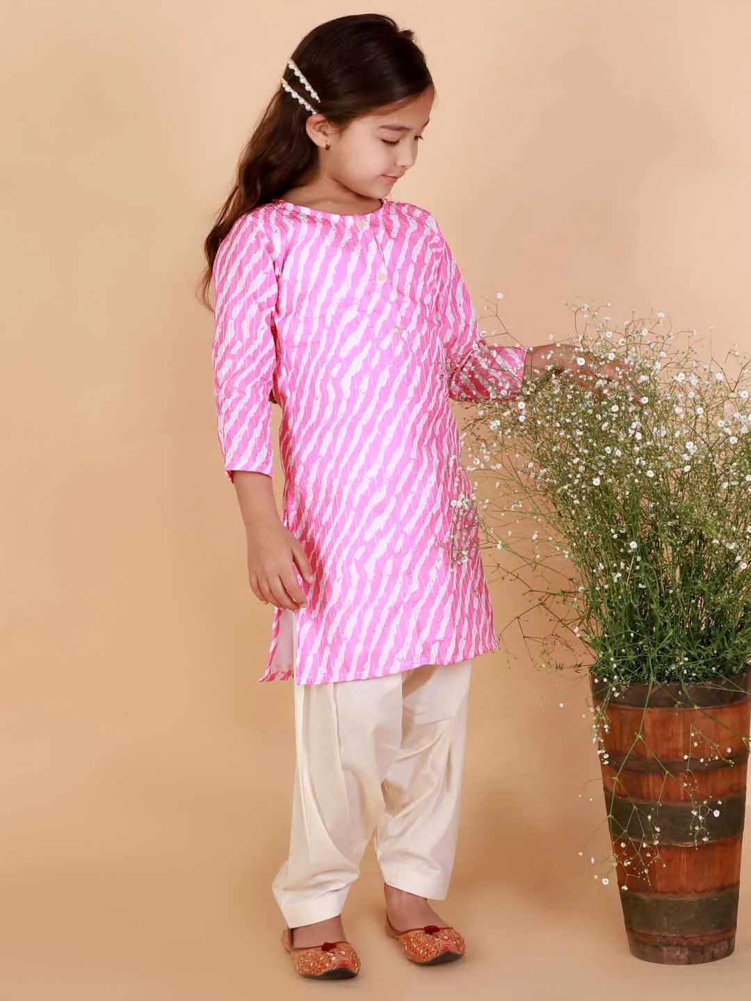 Jashvi Girls' Pink Printed Kurta & Cream Patiala Set