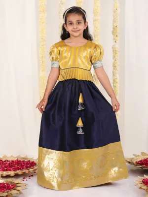 Jashvi Girl's Yellow And Blue Pavda Pattu Lehenga Choli Set