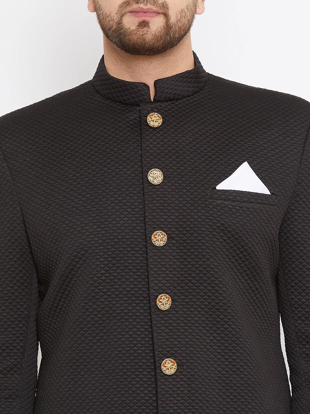 Jashvi Men's Black Silk Blend Sherwani Top