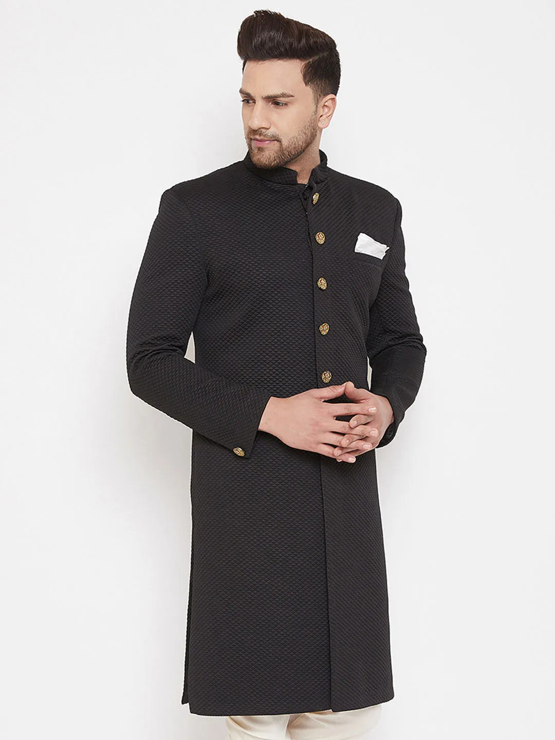 Jashvi Men's Black Silk Blend Sherwani Top