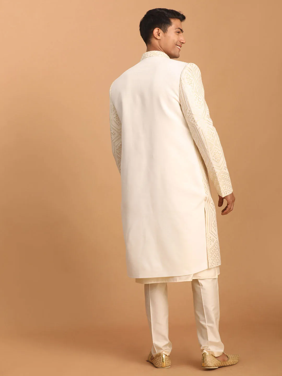 Jashvi Men's Cream Golden Sequins Embroidered Sherwani With Kurta Pant Set