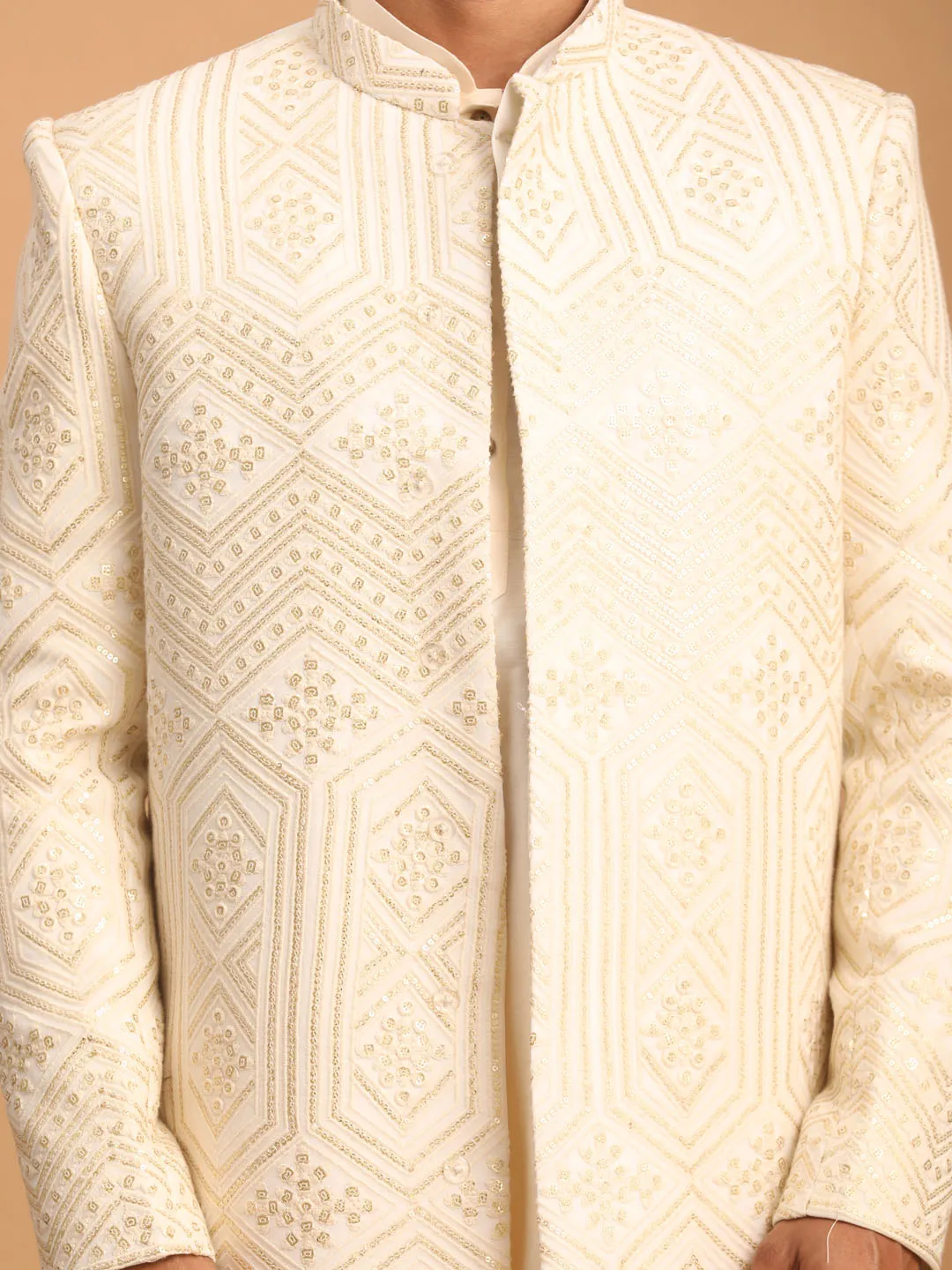 Jashvi Men's Cream Golden Sequins Embroidered Sherwani With Kurta Pant Set