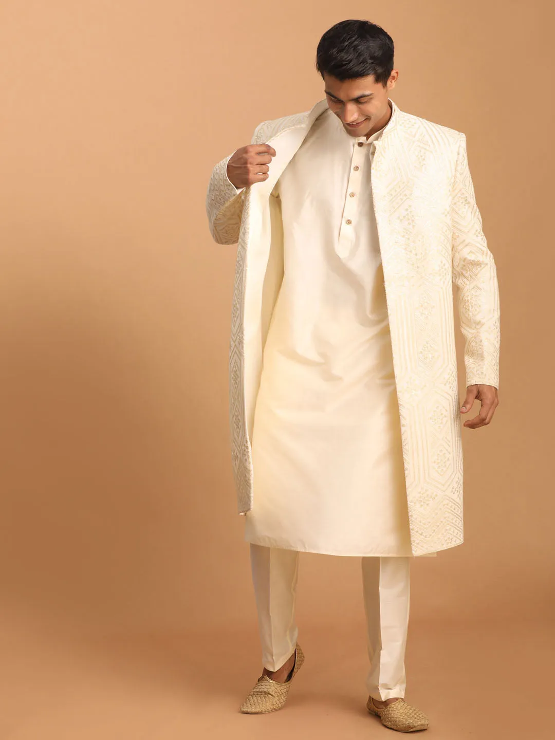 Jashvi Men's Cream Golden Sequins Embroidered Sherwani With Kurta Pant Set