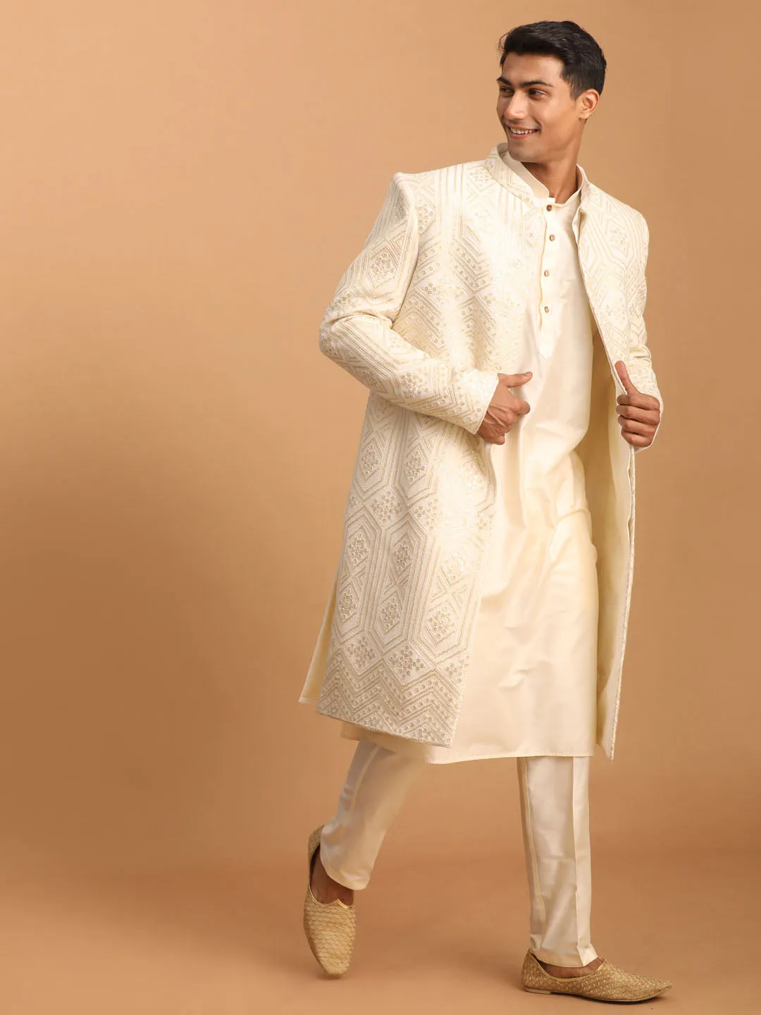 Jashvi Men's Cream Golden Sequins Embroidered Sherwani With Kurta Pant Set