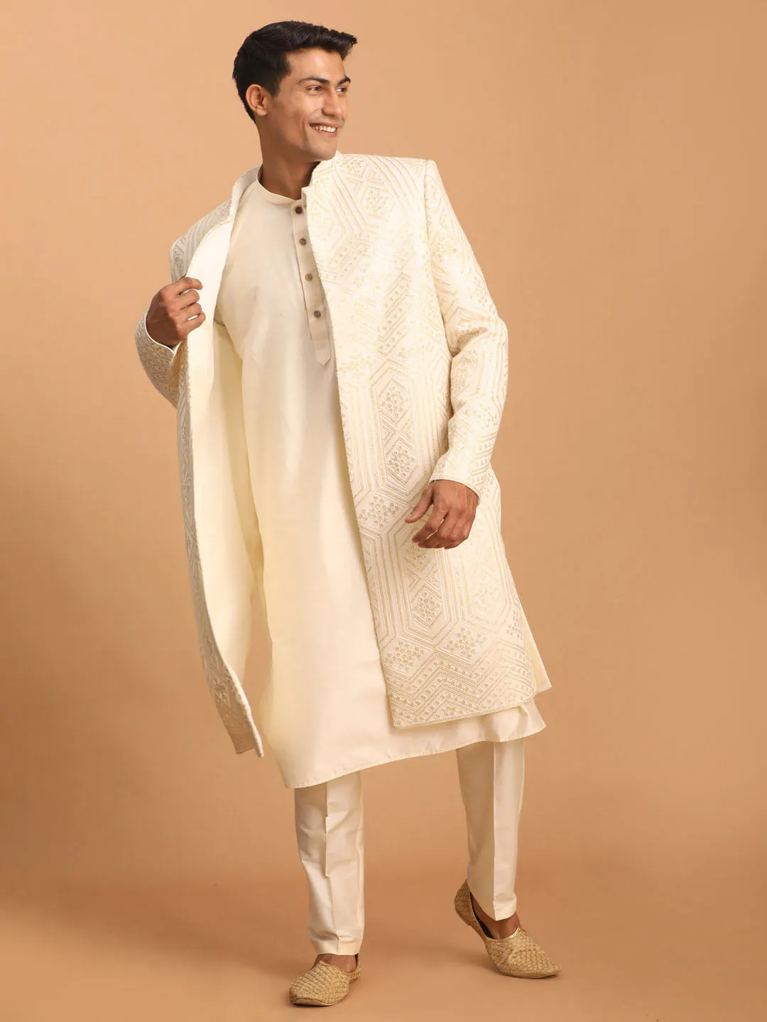Jashvi Men's Cream Golden Sequins Embroidered Sherwani With Kurta Pant Set