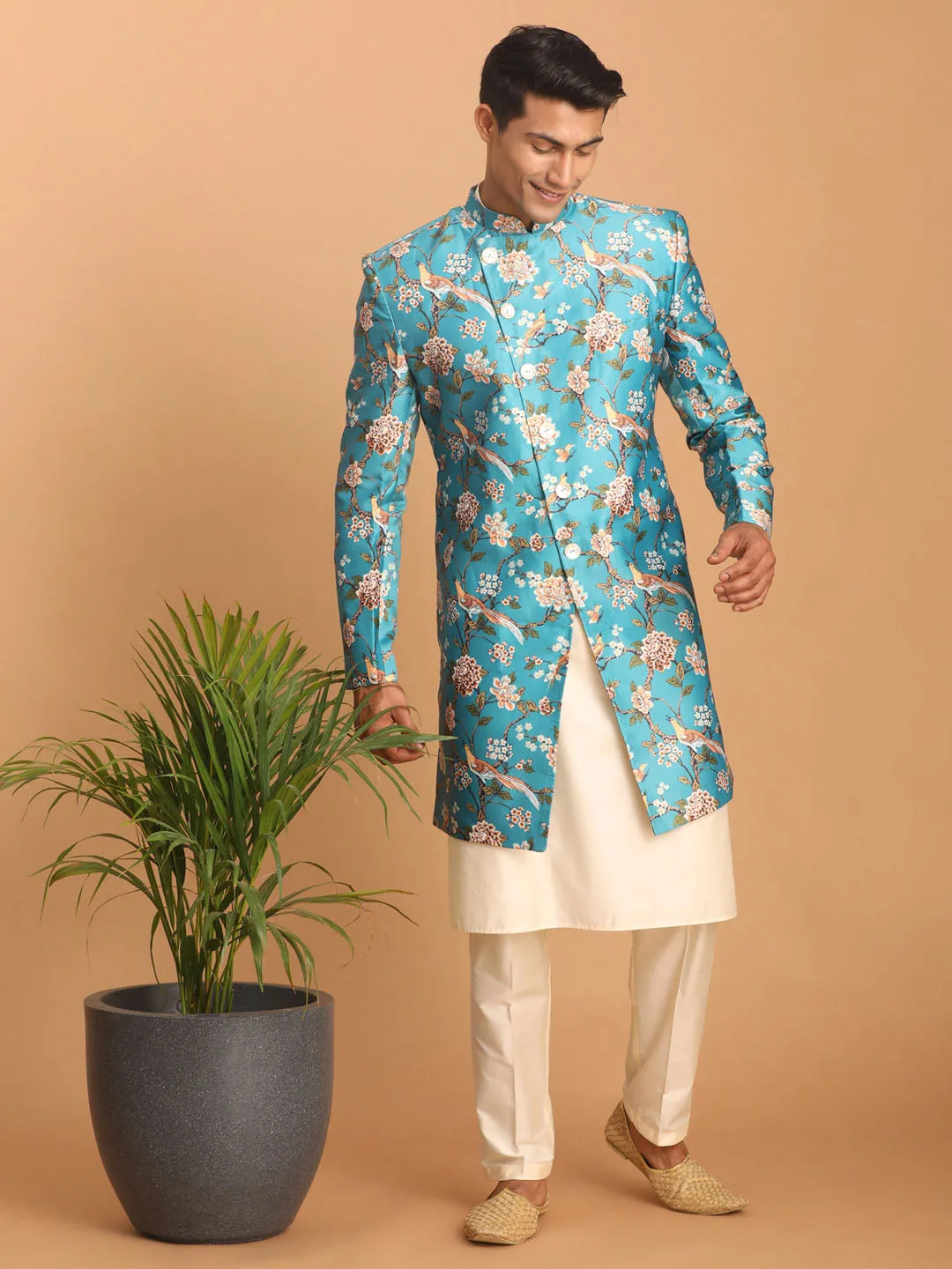 Jashvi Men's Multicolor Base Blue Silk Blend Sherwani With Kurta Pant Set