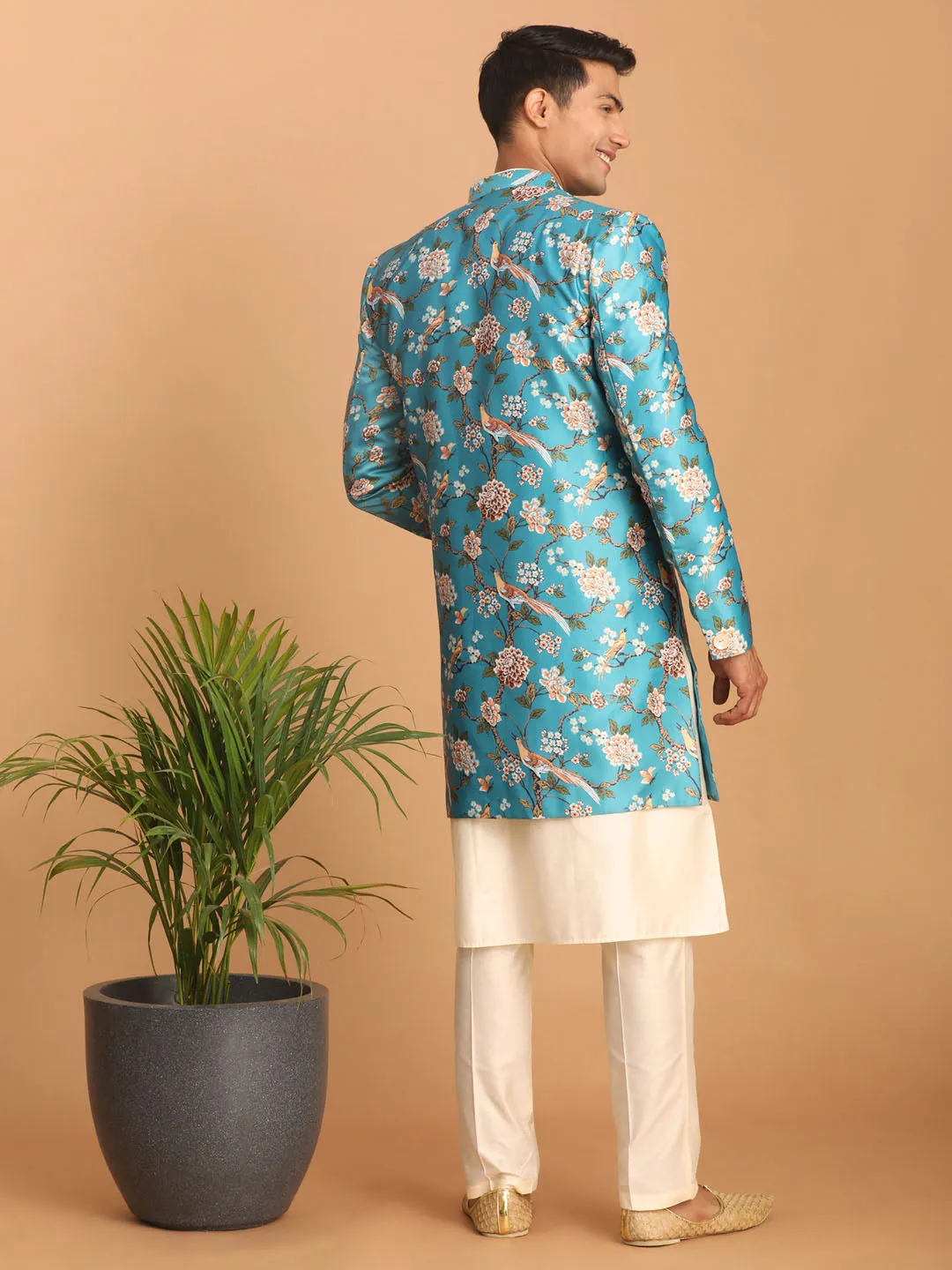 Jashvi Men's Multicolor Base Blue Silk Blend Sherwani With Kurta Pant Set