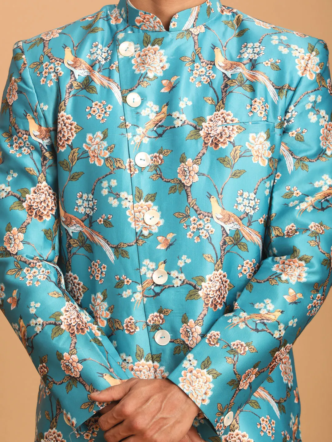 Jashvi Men's Multicolor Base Blue Silk Blend Sherwani With Kurta Pant Set