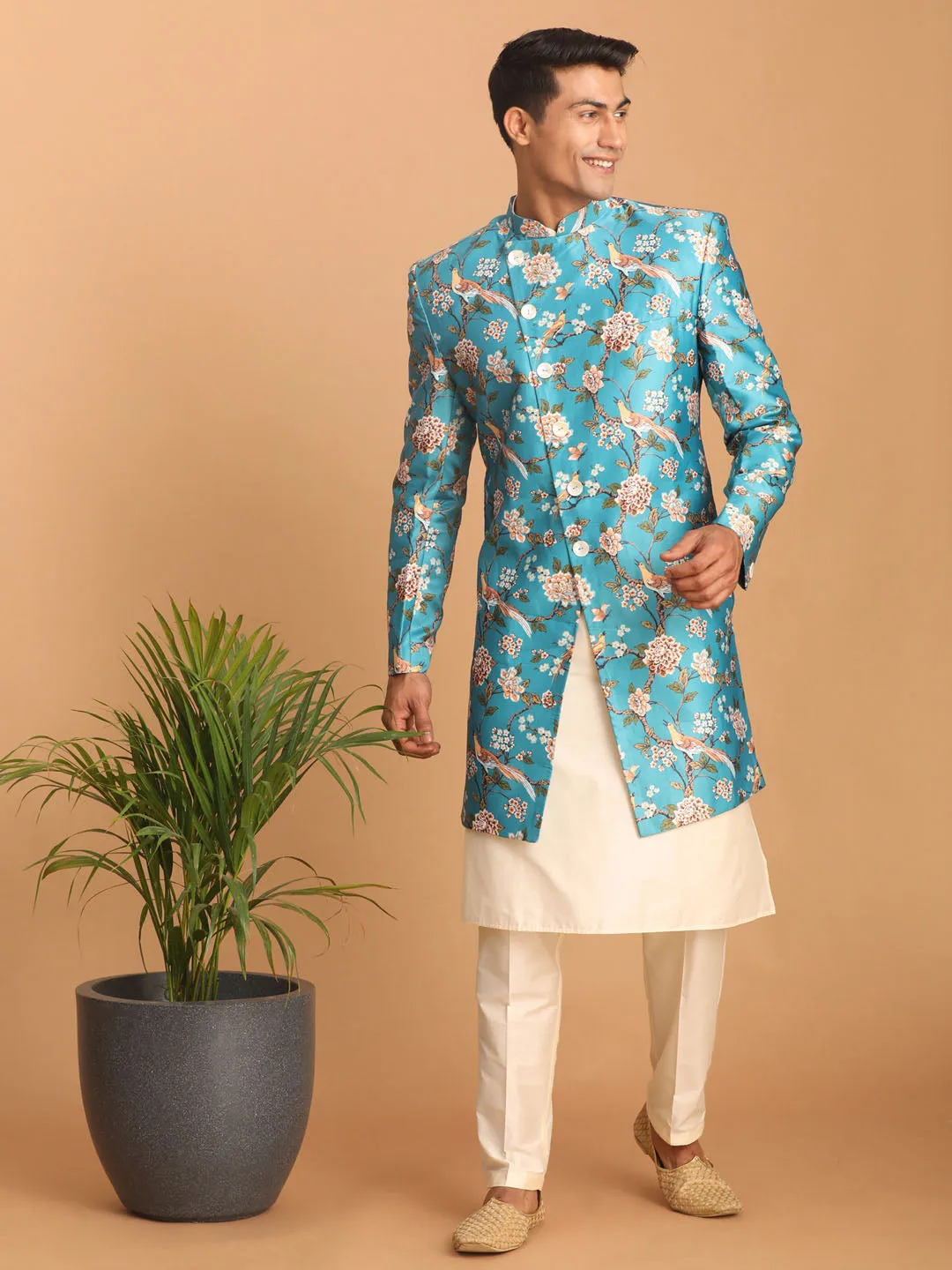 Jashvi Men's Multicolor Base Blue Silk Blend Sherwani With Kurta Pant Set