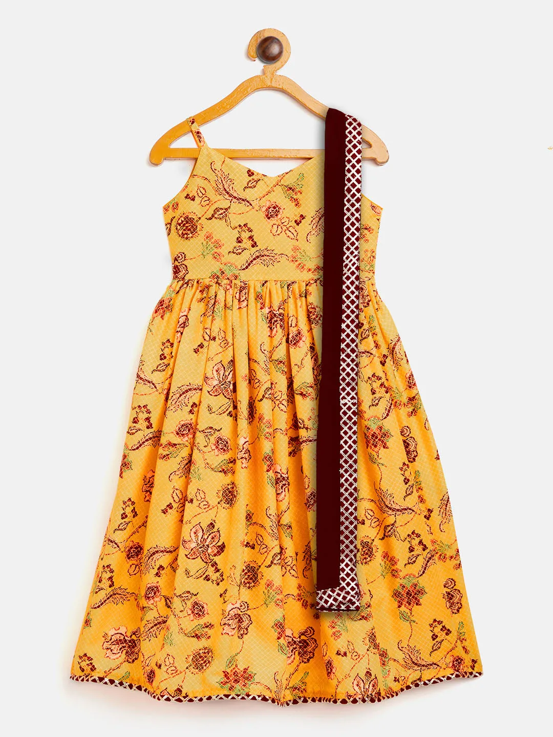 Jashvi SISHU Girl's Yellow Floral Print Anarkali Kurta With Dupatta