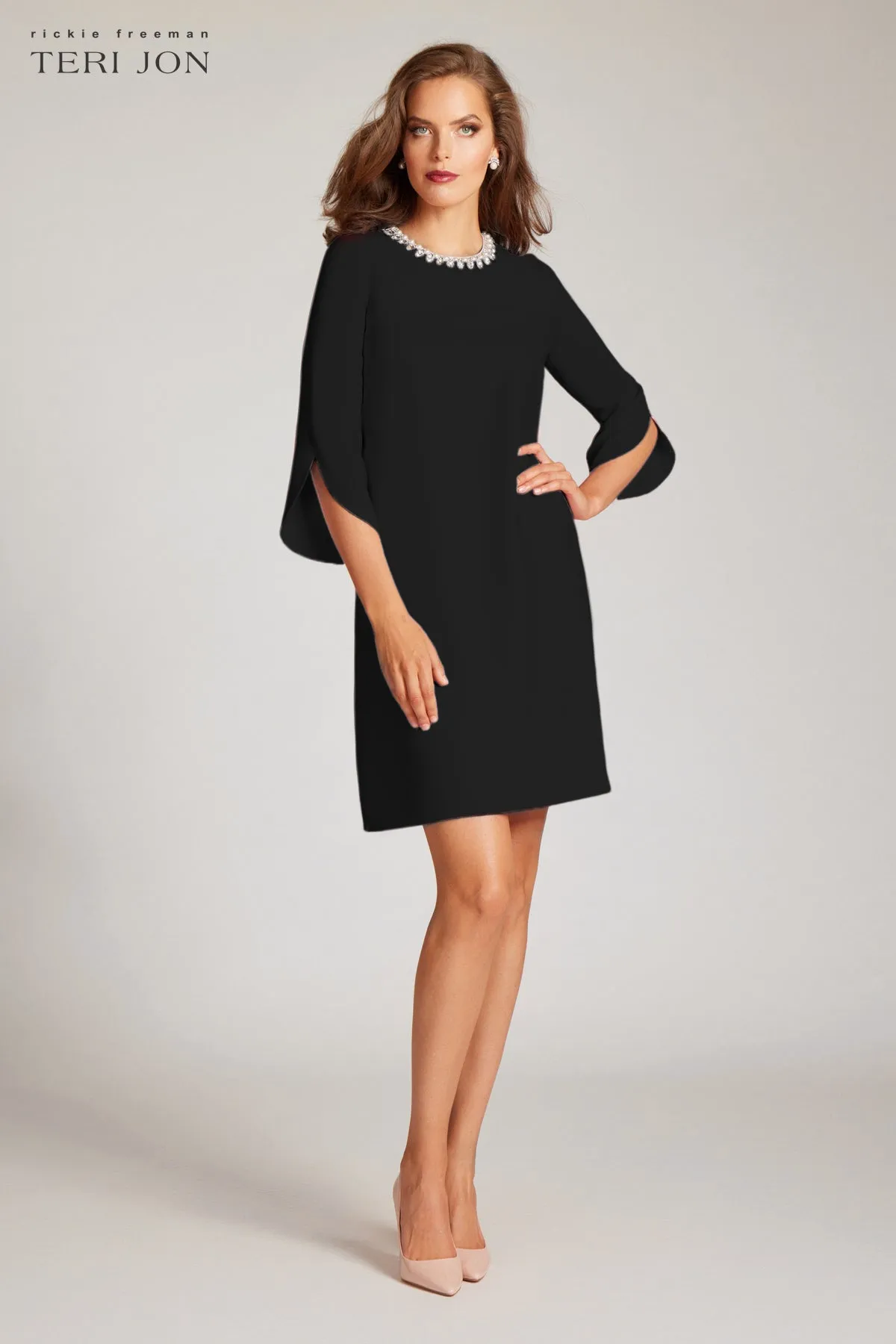 Jewel Neck Crepe Shift Dress