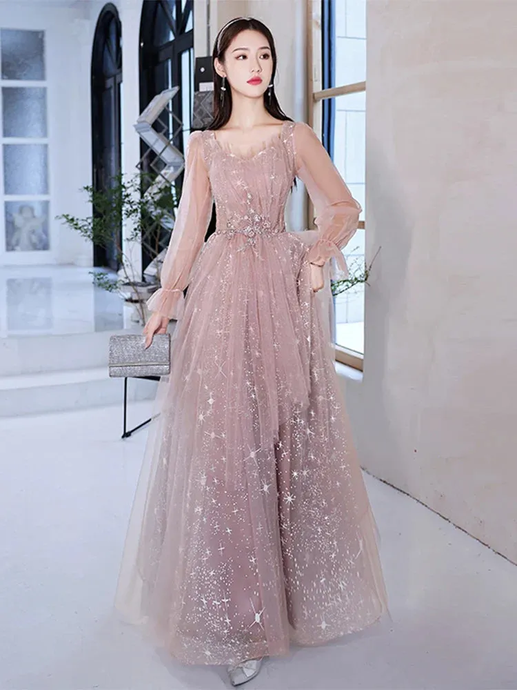kamahe Pink Prom Gowns Long Sleeves For Graudation Party Shiny Star Glitter A-Line Floor-Length Tulle Women Formal Evening Dresses