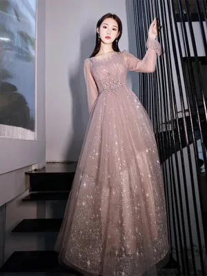 kamahe Pink Prom Gowns Long Sleeves For Graudation Party Shiny Star Glitter A-Line Floor-Length Tulle Women Formal Evening Dresses