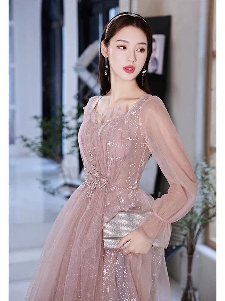 kamahe Pink Prom Gowns Long Sleeves For Graudation Party Shiny Star Glitter A-Line Floor-Length Tulle Women Formal Evening Dresses