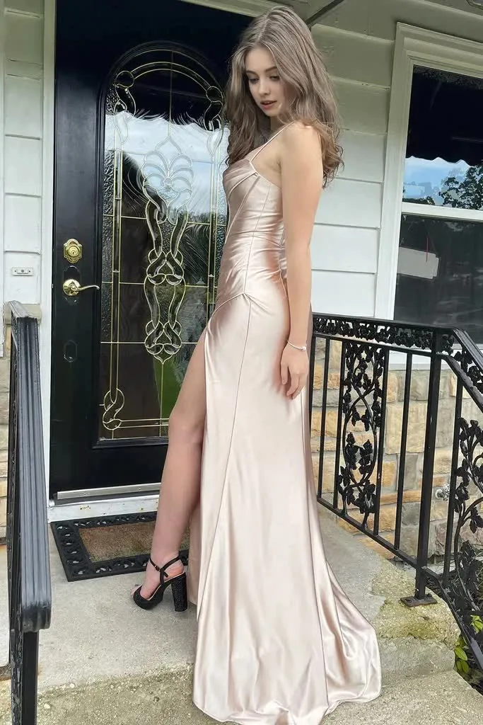 kamahe Simple Prom Dress Spaghetti Straps Sweetheart Formal Dresses With Slit Evening Dress