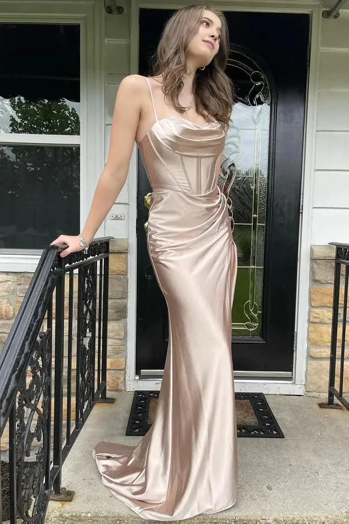 kamahe Simple Prom Dress Spaghetti Straps Sweetheart Formal Dresses With Slit Evening Dress