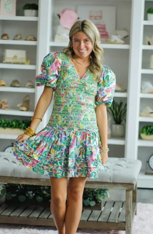 Karlie Palm V-neck Smock Dress