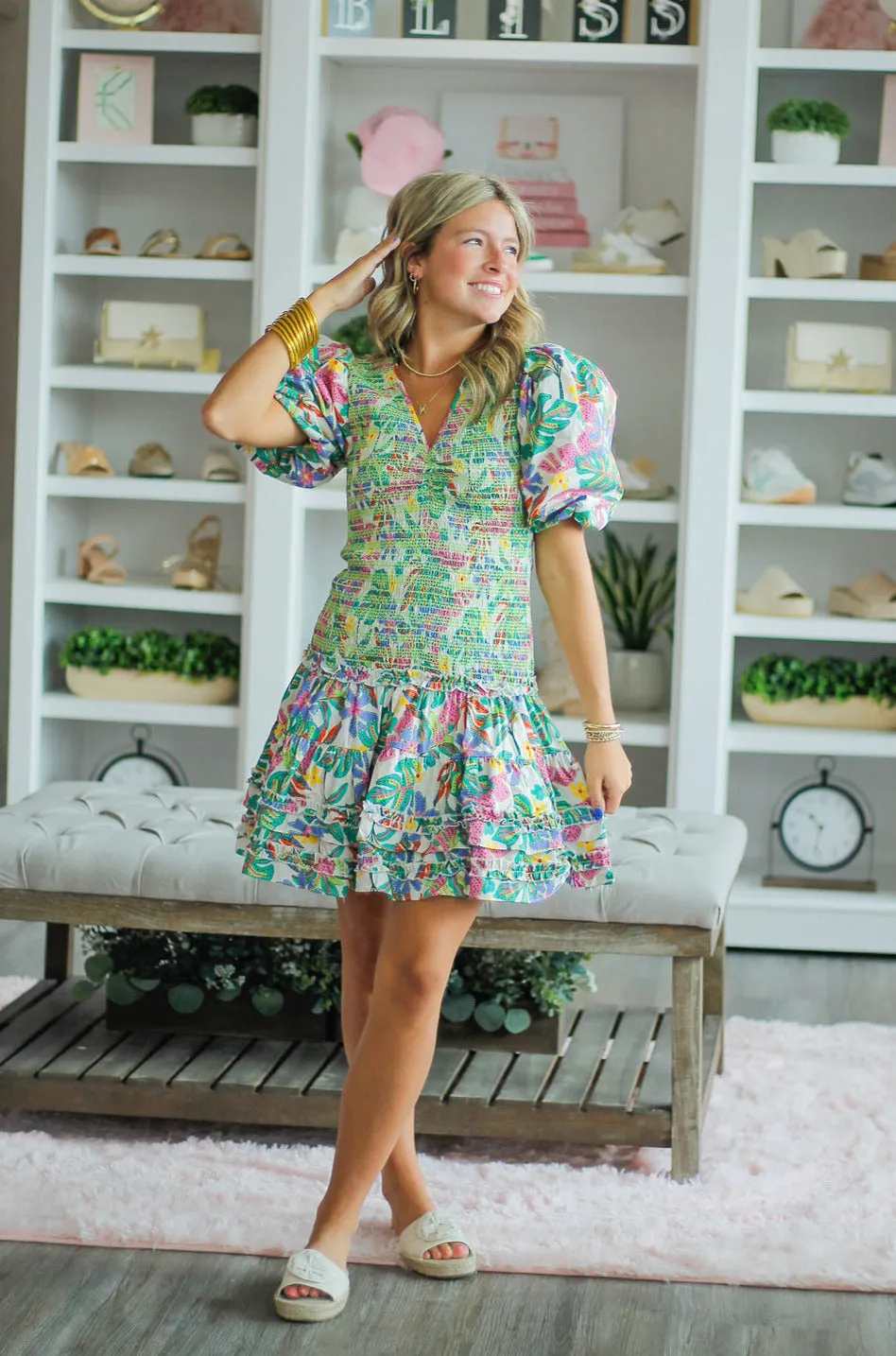 Karlie Palm V-neck Smock Dress