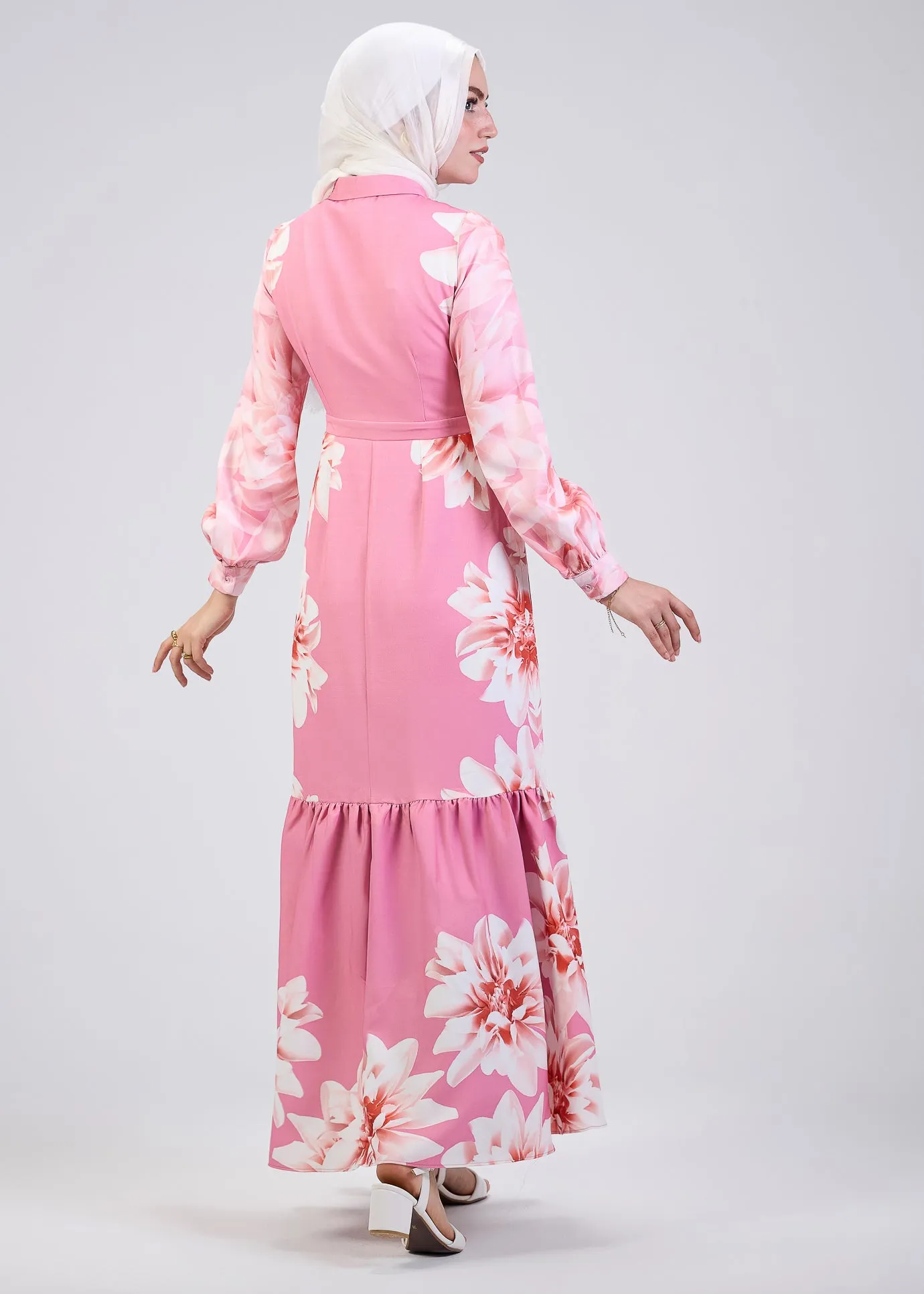 Khitam Pink Floral Modest Tiered Maxi Dress with Balloon Sleeves