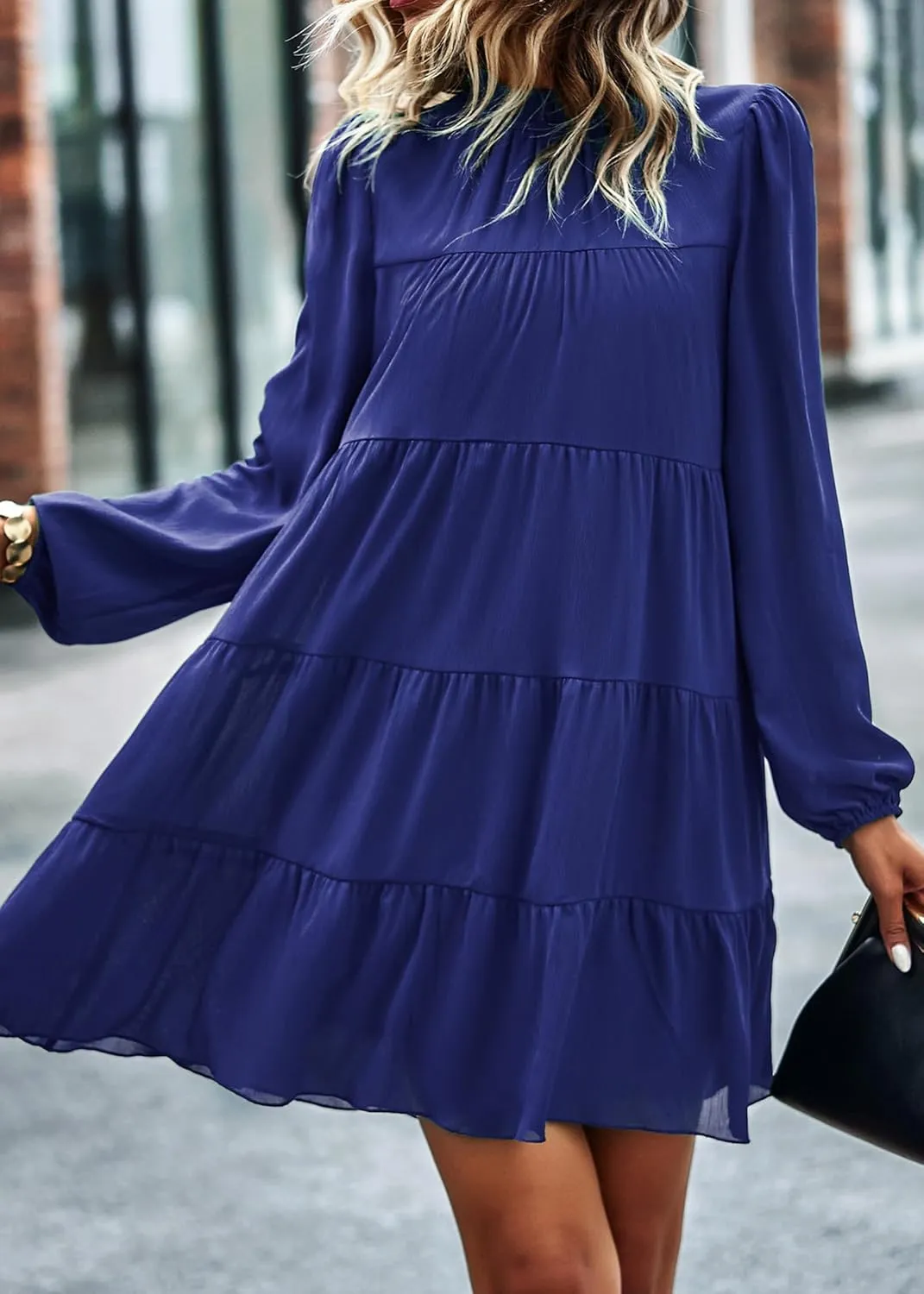 KIRUNDO Women Spring Long Sleeve Ruffle Mock Neck Tiered Mini Babydoll Dress 2025 Casual Summer Flowy Swing Tunic Shift Dress