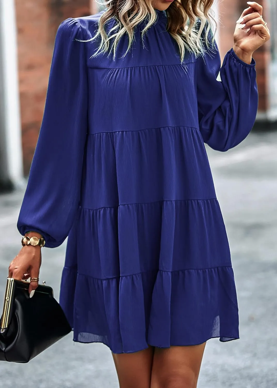 KIRUNDO Women Spring Long Sleeve Ruffle Mock Neck Tiered Mini Babydoll Dress 2025 Casual Summer Flowy Swing Tunic Shift Dress
