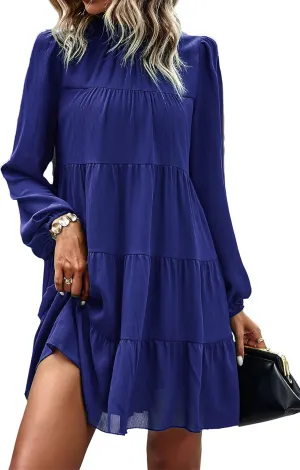 KIRUNDO Women Spring Long Sleeve Ruffle Mock Neck Tiered Mini Babydoll Dress 2025 Casual Summer Flowy Swing Tunic Shift Dress