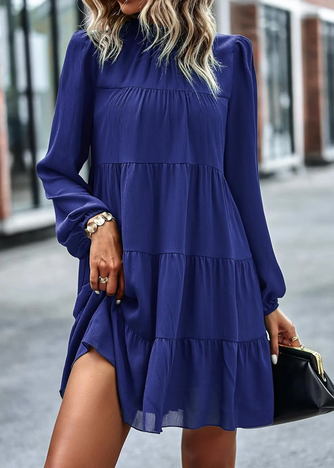 KIRUNDO Women Spring Long Sleeve Ruffle Mock Neck Tiered Mini Babydoll Dress 2025 Casual Summer Flowy Swing Tunic Shift Dress