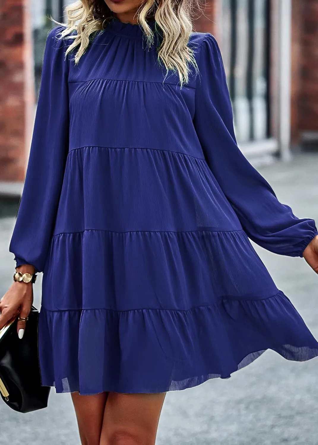 KIRUNDO Women Spring Long Sleeve Ruffle Mock Neck Tiered Mini Babydoll Dress 2025 Casual Summer Flowy Swing Tunic Shift Dress