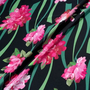Large Pink Floral Printed Black Silk Crêpe