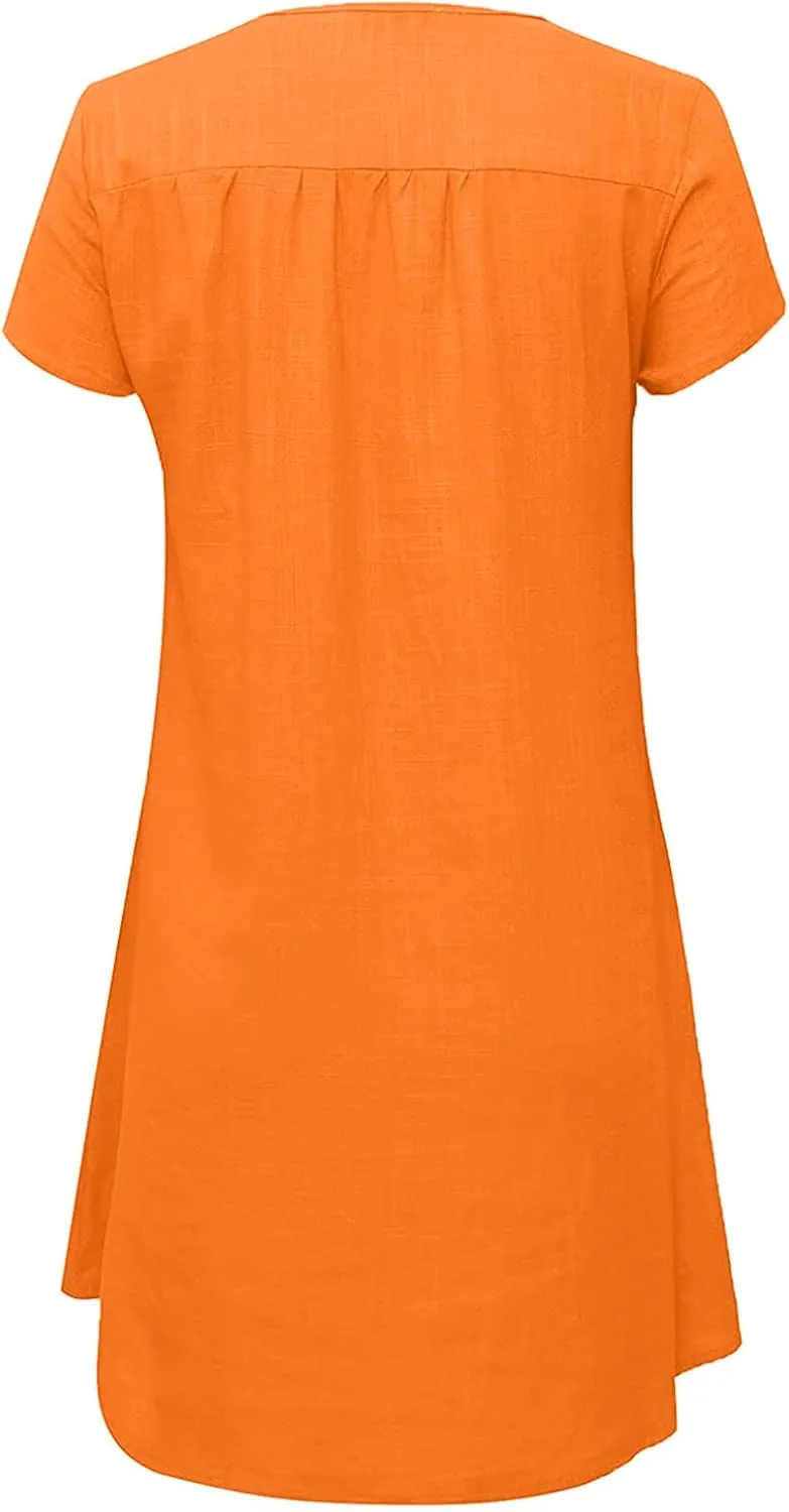 LFEOOST Womens Summer Dresses 2022 Casual Solid Short Sleeve V Neck Shift Dress Plus Size Cotton Linen Vacation Mini Dress