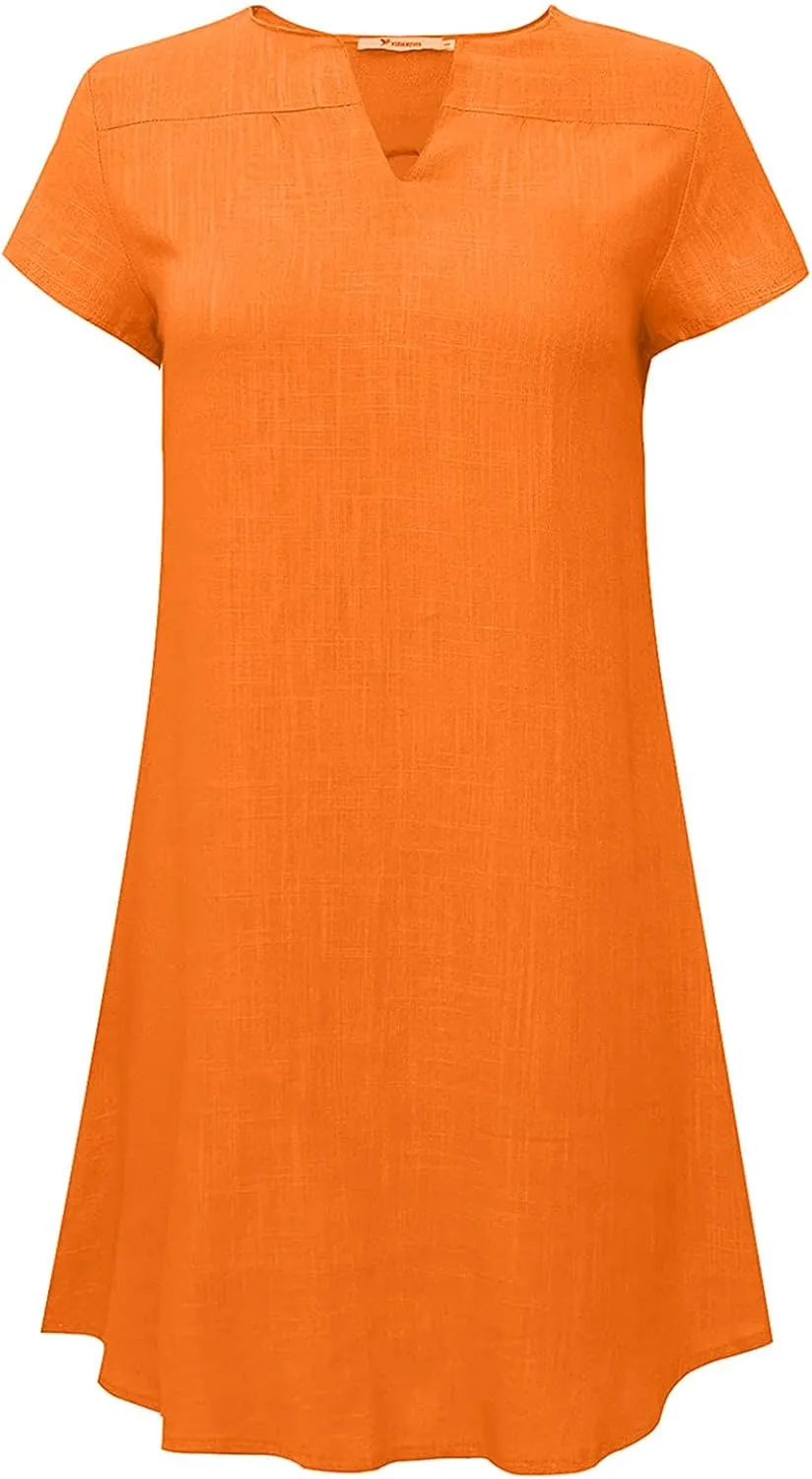 LFEOOST Womens Summer Dresses 2022 Casual Solid Short Sleeve V Neck Shift Dress Plus Size Cotton Linen Vacation Mini Dress