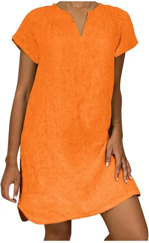 LFEOOST Womens Summer Dresses 2022 Casual Solid Short Sleeve V Neck Shift Dress Plus Size Cotton Linen Vacation Mini Dress