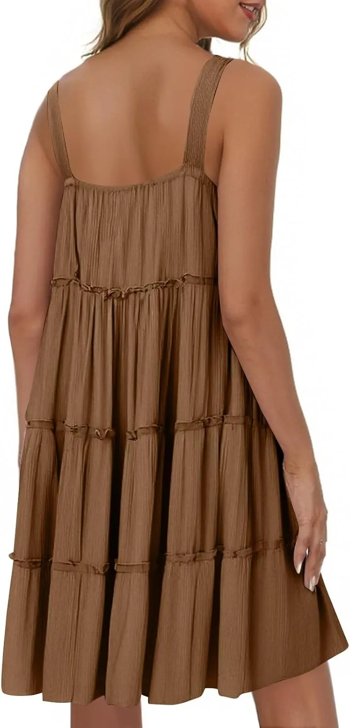 Linen Sundresses for Women 2025 Sleeveless Tiered Short Dresses Summer Vacation Outfits Cute Casual Sun Dresses