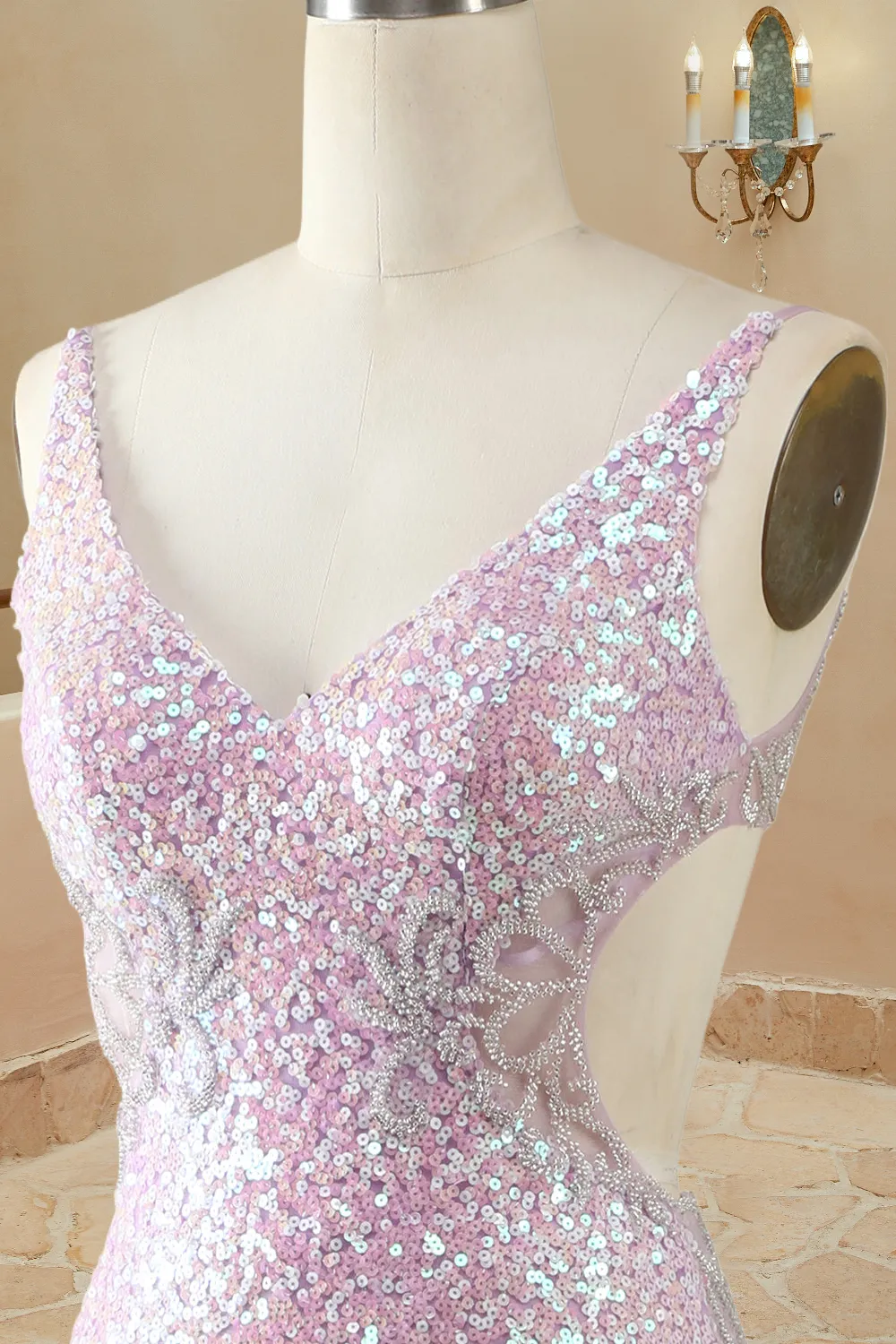Luolandi Mermaid/Trumpet V Neck Sleeveless Floor-Length Lilac Sequin Prom Dresses Sparkly Evening Dresses