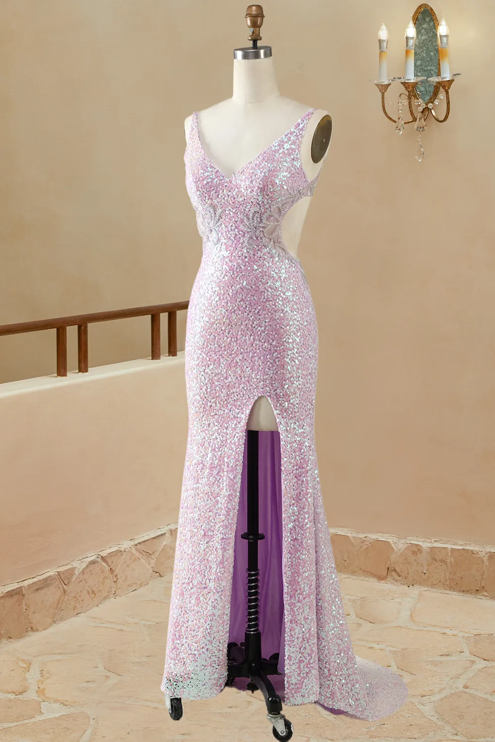 Luolandi Mermaid/Trumpet V Neck Sleeveless Floor-Length Lilac Sequin Prom Dresses Sparkly Evening Dresses