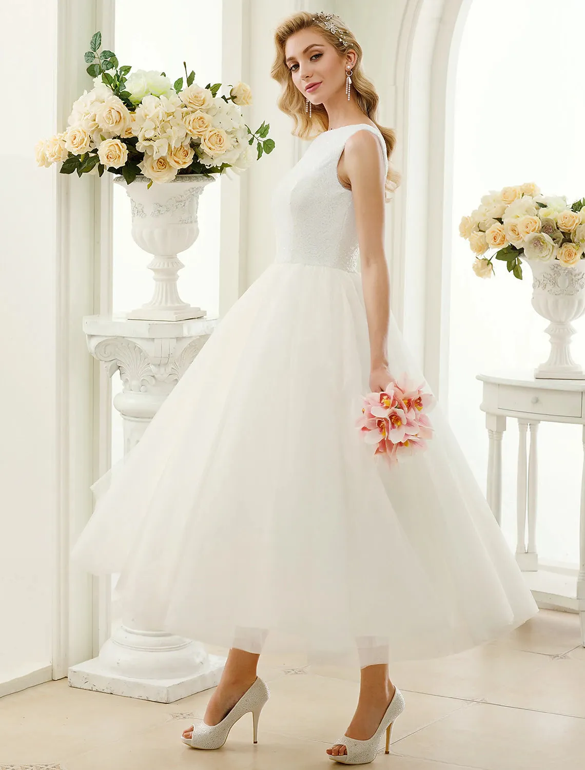 Luolandi Reception Sparkle & Shine Little White Dresses Wedding Dresses A-Line Scoop Neck Sleeveless Tea Length Tulle Bridal Gowns With Lace