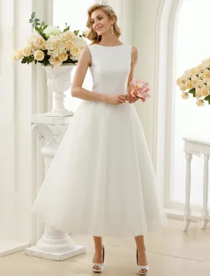 Luolandi Reception Sparkle & Shine Little White Dresses Wedding Dresses A-Line Scoop Neck Sleeveless Tea Length Tulle Bridal Gowns With Lace
