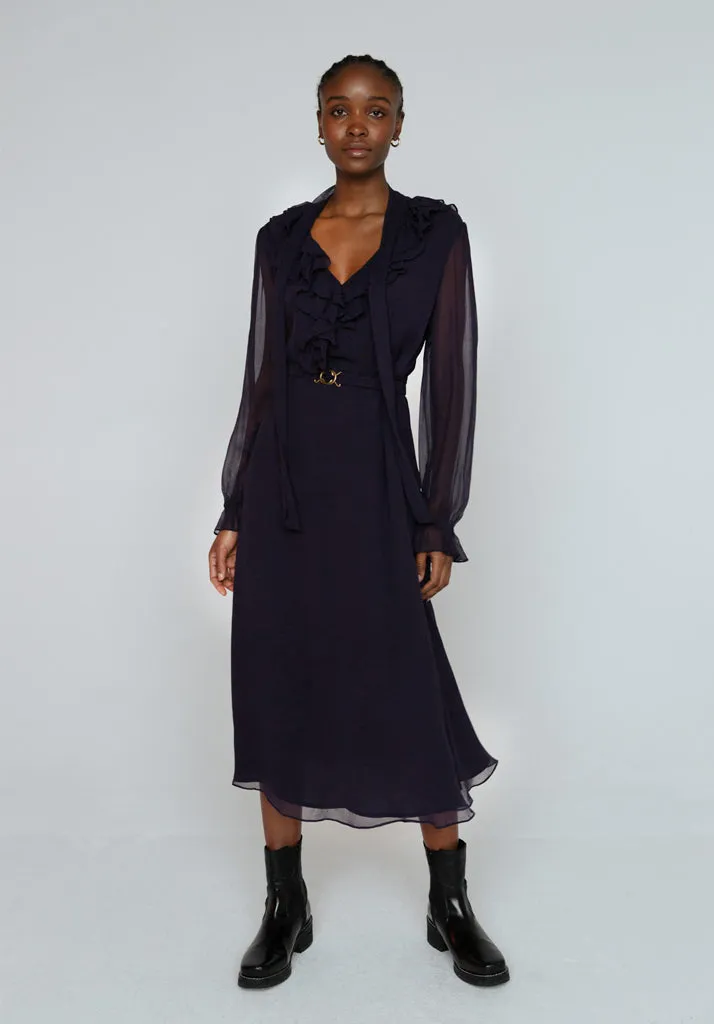 Margot Ruffle Neck Midi Dress In Navy