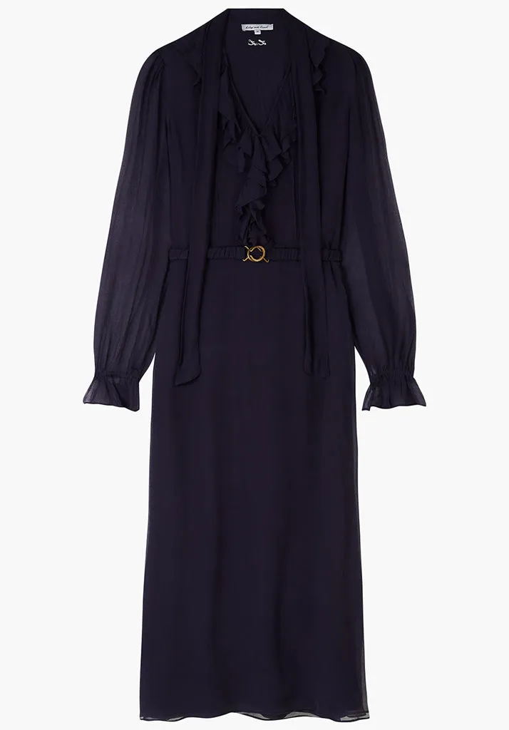 Margot Ruffle Neck Midi Dress In Navy