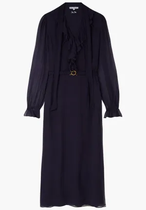Margot Ruffle Neck Midi Dress In Navy
