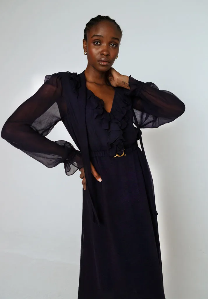 Margot Ruffle Neck Midi Dress In Navy