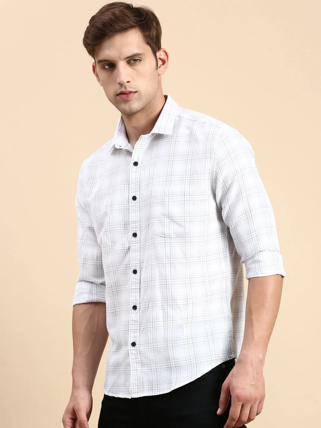 Men Navy Blue Comfort Slim Fit Windowpane Checked Cotton Casual Shirt