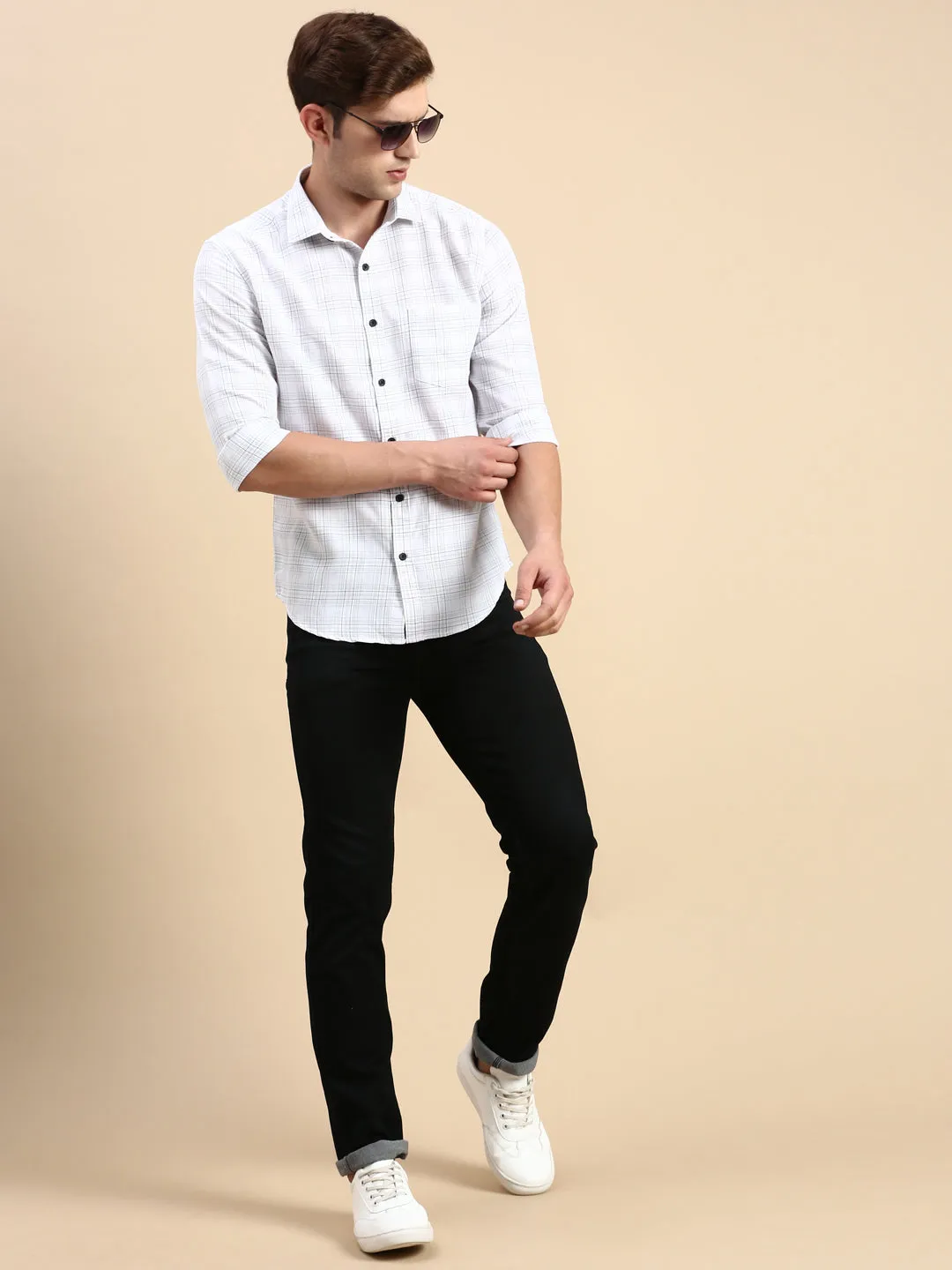Men Navy Blue Comfort Slim Fit Windowpane Checked Cotton Casual Shirt